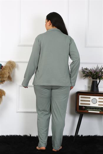 Akbeniz Kadın Büyük Beden Pamuklu Cepli Düğmeli Haki Pijama Takım 202401