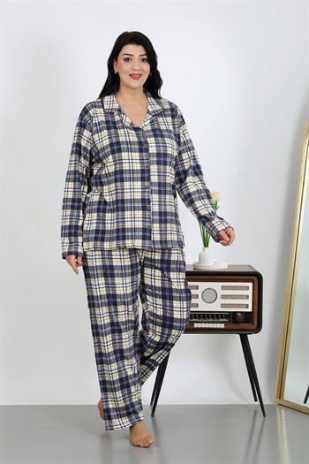 Akbeniz Kadın Büyük Beden Pamuklu Cepli Düğmeli Lacivert Pijama Takım 202504