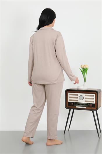 Akbeniz Kadın Büyük Beden Pamuklu Cepli Düğmeli Krem Pijama Takım 202506