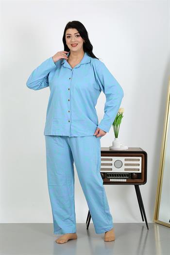 Akbeniz Kadın Büyük Beden Pamuklu Cepli Düğmeli Mavi Pijama Takım 202504