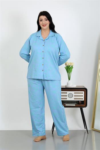 Akbeniz Kadın Büyük Beden Pamuklu Cepli Düğmeli Mavi Pijama Takım 202504