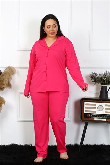 Akbeniz Kadın Büyük Beden Pamuklu Cepli Düğmeli Fuşya Pijama Takım 202401
