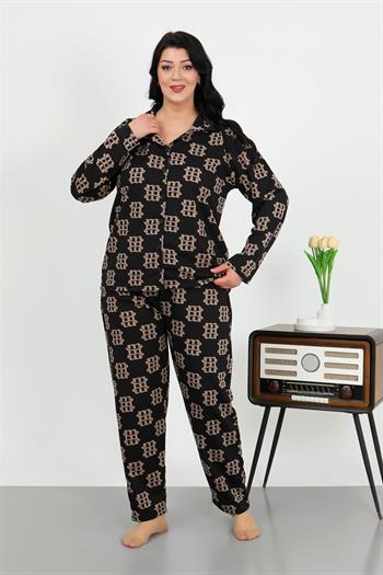 Akbeniz Kadın Büyük Beden Pamuklu Cepli Düğmeli Siyah Pijama Takım 202506