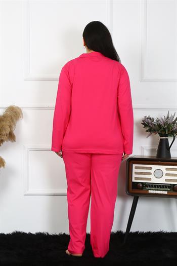 Akbeniz Kadın Büyük Beden Pamuklu Cepli Düğmeli Fuşya Pijama Takım 202401