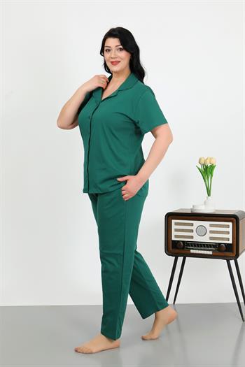 Akbeniz Kadın Büyük Beden Pamuklu Cepli Düğmeli ZümrütYeşili Pijama Takım 202507