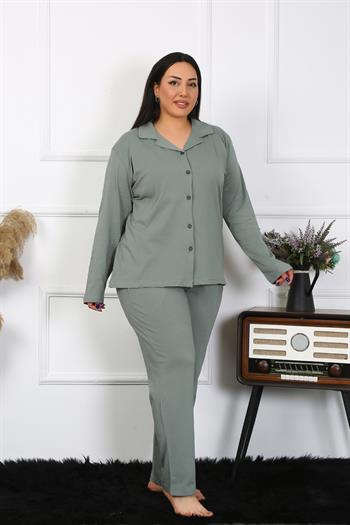 Akbeniz Kadın Büyük Beden Pamuklu Cepli Düğmeli Haki Pijama Takım 202401