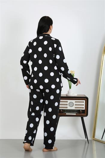 Akbeniz Kadın Büyük Beden Pamuklu Cepli Düğmeli Siyah Pijama Takım 202504