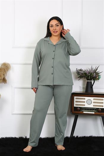 Akbeniz Kadın Büyük Beden Pamuklu Cepli Düğmeli Haki Pijama Takım 202401
