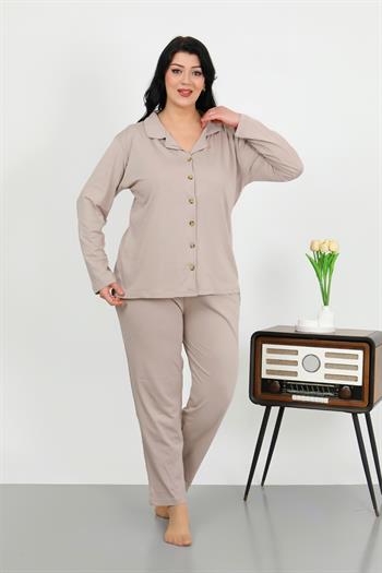 Akbeniz Kadın Büyük Beden Pamuklu Cepli Düğmeli Krem Pijama Takım 202506