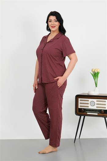Akbeniz Kadın Büyük Beden Pamuklu Cepli Düğmeli Mor Pijama Takım 202507