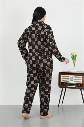 Akbeniz Kadın Büyük Beden Pamuklu Cepli Düğmeli Siyah Pijama Takım 202506