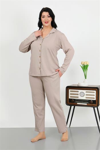 Akbeniz Kadın Büyük Beden Pamuklu Cepli Düğmeli Krem Pijama Takım 202506