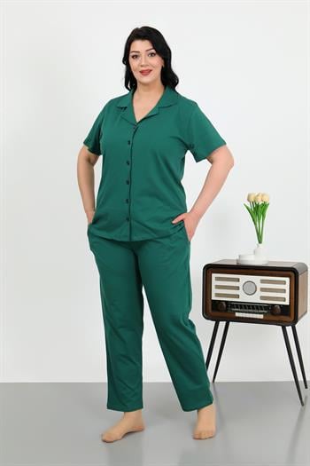 Akbeniz Kadın Büyük Beden Pamuklu Cepli Düğmeli ZümrütYeşili Pijama Takım 202507