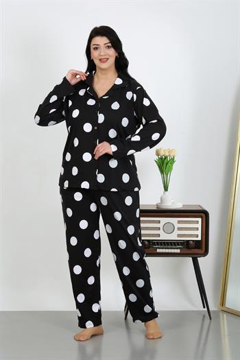 Akbeniz Kadın Büyük Beden Pamuklu Cepli Düğmeli Siyah Pijama Takım 202504