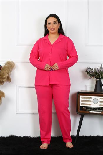Akbeniz Kadın Büyük Beden Pamuklu Cepli Düğmeli Fuşya Pijama Takım 202401