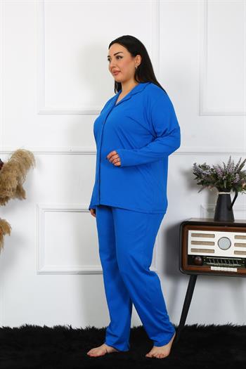 Akbeniz Kadın Büyük Beden Pamuklu Cepli Düğmeli Saks Pijama Takım 202401