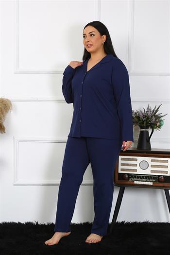 Akbeniz Kadın Büyük Beden Pamuklu Cepli Düğmeli Lacivert Pijama Takım 202401