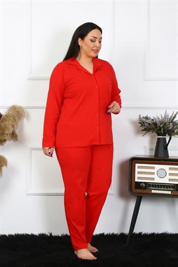 Akbeniz Kadın Büyük Beden Pamuklu Cepli Düğmeli Kırmızı Pijama Takım 202401