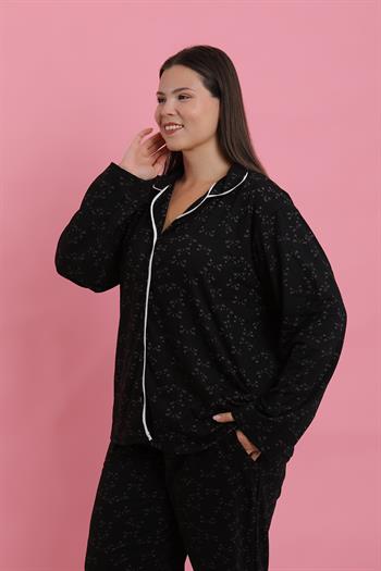 Akbeniz Kadın Büyük Beden Siyah Beyaz Biyeli Desenli Düğmeli Pijama Takımı