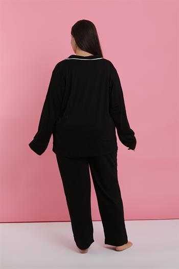 Akbeniz Kadın Büyük Beden Siyah Düğmeli Pijama Takımı