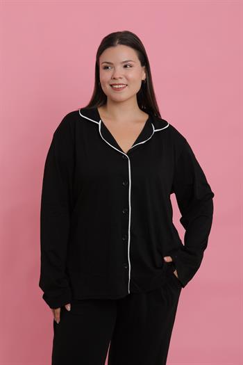 Akbeniz Kadın Büyük Beden Siyah Düğmeli Pijama Takımı