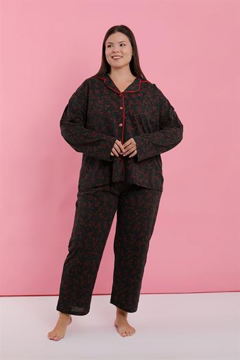 Akbeniz Kadın Büyük Beden Siyah Kırmızı Çiçekli Düğmeli Pijama Takımı
