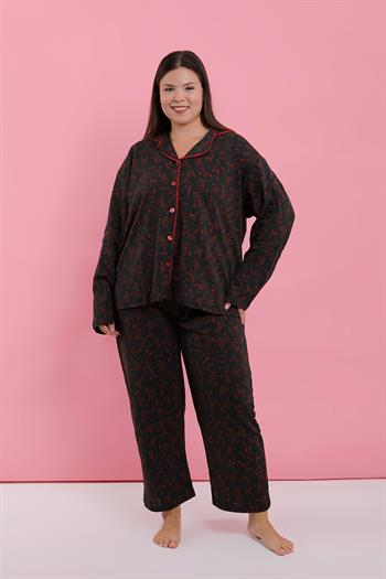 Akbeniz Kadın Büyük Beden Siyah Kırmızı Çiçekli Düğmeli Pijama Takımı