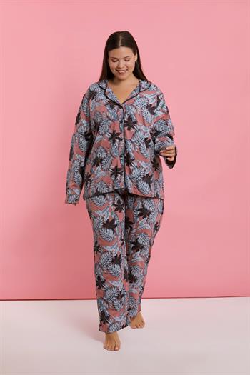 Akbeniz Kadın Büyük Beden Somon Yaprak Desenli Düğmeli Pijama Takımı
