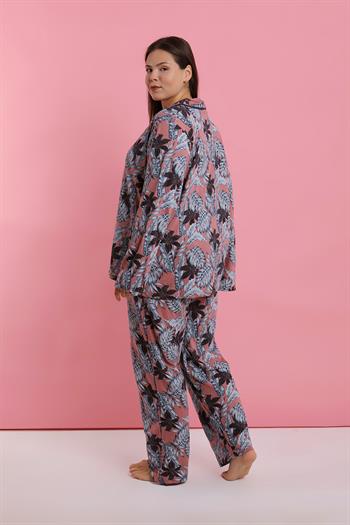 Akbeniz Kadın Büyük Beden Somon Yaprak Desenli Düğmeli Pijama Takımı
