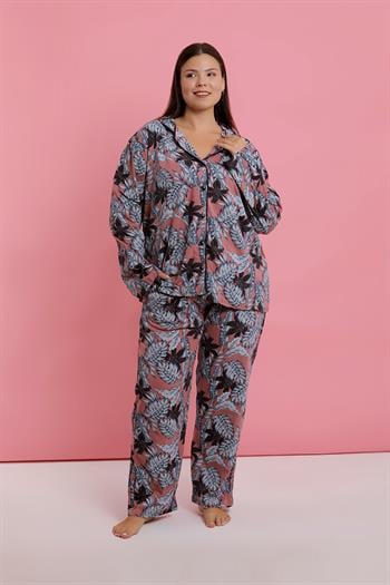 Akbeniz Kadın Büyük Beden Somon Yaprak Desenli Düğmeli Pijama Takımı