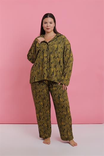 Akbeniz Kadın Büyük Beden Tropikal Yaprak Desenli Düğmeli Pijama Takımı