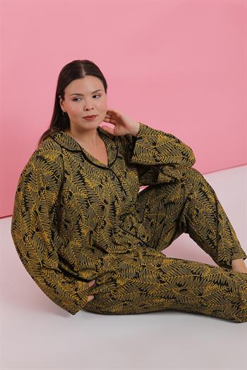 Akbeniz Kadın Büyük Beden Tropikal Yaprak Desenli Düğmeli Pijama Takımı