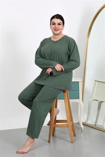 Akbeniz Kadın Büyük Beden Uzun Kol Penye Pijama Takımı Haki 202501