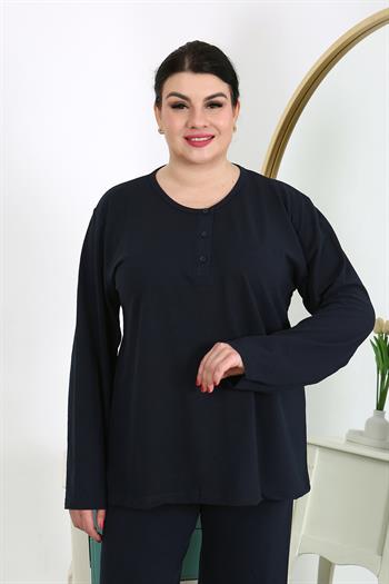 Akbeniz Kadın Büyük Beden Uzun Kol Penye Pijama Takımı Lacivert 202501