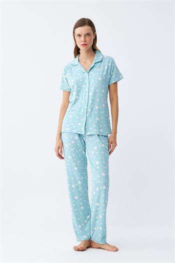 Akbeniz Kadın Buz Mavisi Yıldız Desenli Önden Düğmeli Pijama Takımı