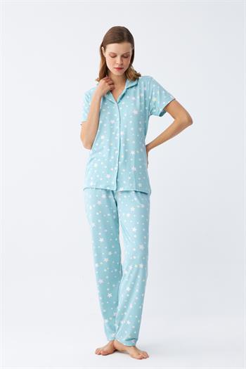 Akbeniz Kadın Buz Mavisi Yıldız Desenli Önden Düğmeli Pijama Takımı