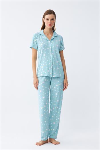 Akbeniz Kadın Buz Mavisi Yıldız Desenli Önden Düğmeli Pijama Takımı
