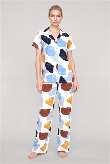 Akbeniz Kadın Ekru Desenli Klasik Gömlek Yaka Pijama Takımı
