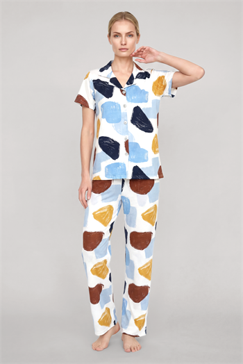 Akbeniz Kadın Ekru Desenli Klasik Gömlek Yaka Pijama Takımı