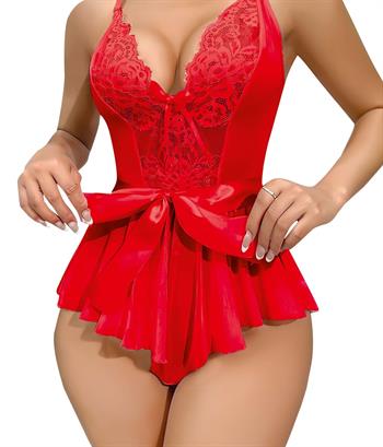 Akbeniz Kadın Fantezi Babydoll Dantel Gecelik T001 Kırmızı