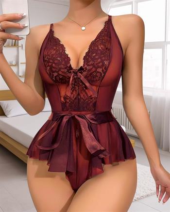 Akbeniz Kadın Fantezi Babydoll Dantel Gecelik T001 Bordo