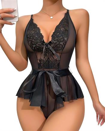 Akbeniz Kadın Fantezi Babydoll Dantel Gecelik T001 Siyah