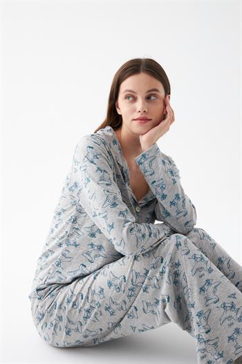 Akbeniz Kadın Gri Desenli Düğmeli Pamuklu Pijama Takımı