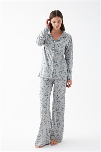 Akbeniz Kadın Gri Desenli Düğmeli Pamuklu Pijama Takımı