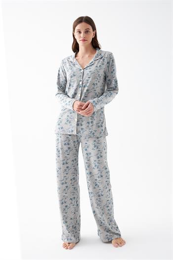 Akbeniz Kadın Gri Desenli Düğmeli Pamuklu Pijama Takımı