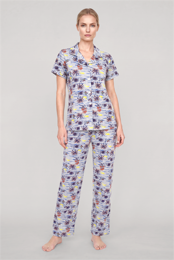 Akbeniz Kadın Gri Desenli Klasik Gömlek Yaka Pijama Takımı
