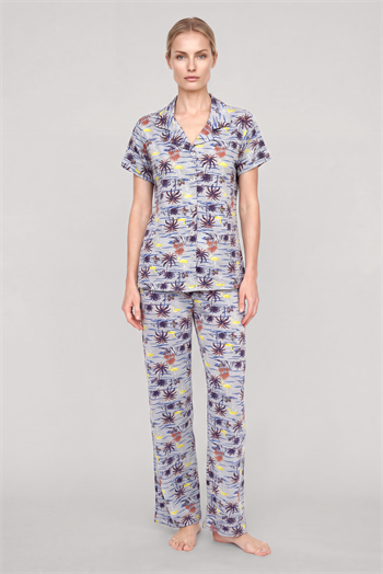 Akbeniz Kadın Gri Desenli Klasik Gömlek Yaka Pijama Takımı