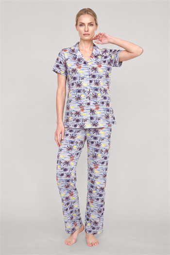 Akbeniz Kadın Gri Desenli Klasik Gömlek Yaka Pijama Takımı