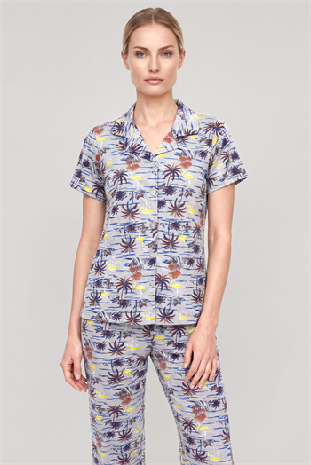 Akbeniz Kadın Gri Desenli Klasik Gömlek Yaka Pijama Takımı