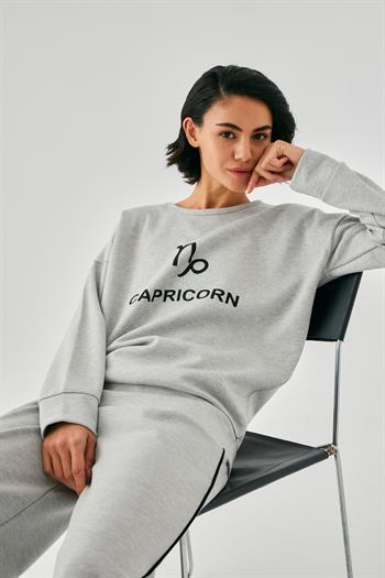 Akbeniz Kadın Gri Oğlak Burcu Oversize 2 İplik Eşofman Ev Giyim Takımı